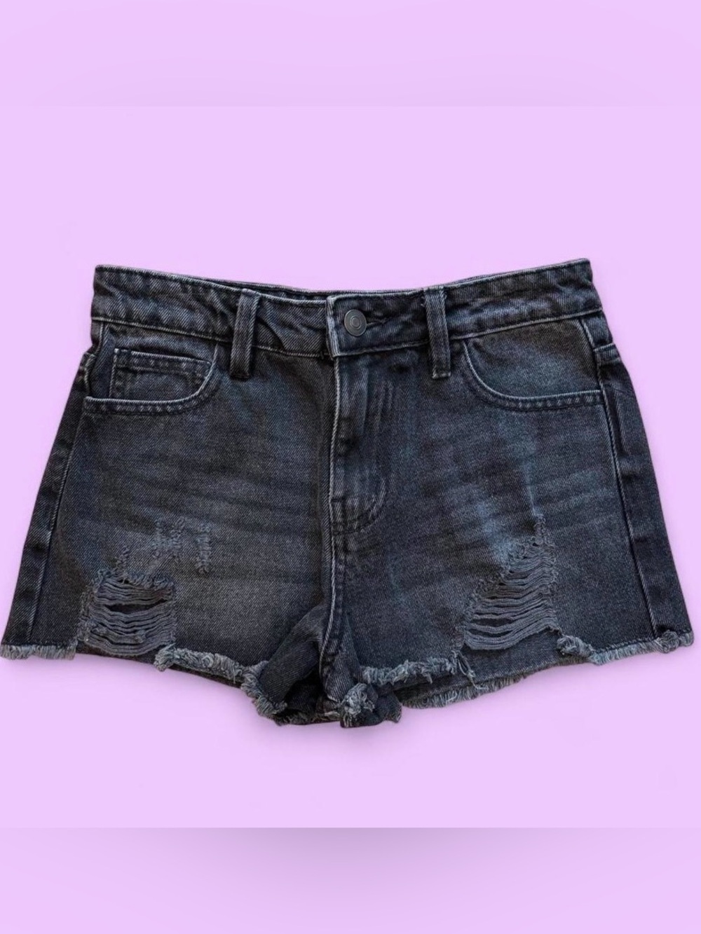 Hello Franki Distressed Black Denim Shorts Girls 12 Raw Hem Cut Off EUC